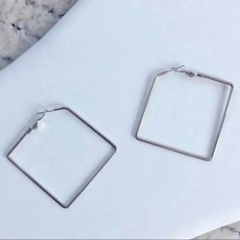 Silver Stainless Steel Large Square Shaped Hoop Earrings NWT
